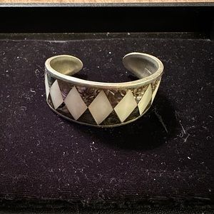 Vintage Alpaca Mexico Silver Abalone Diamond Inlay Cuff Bracelet
